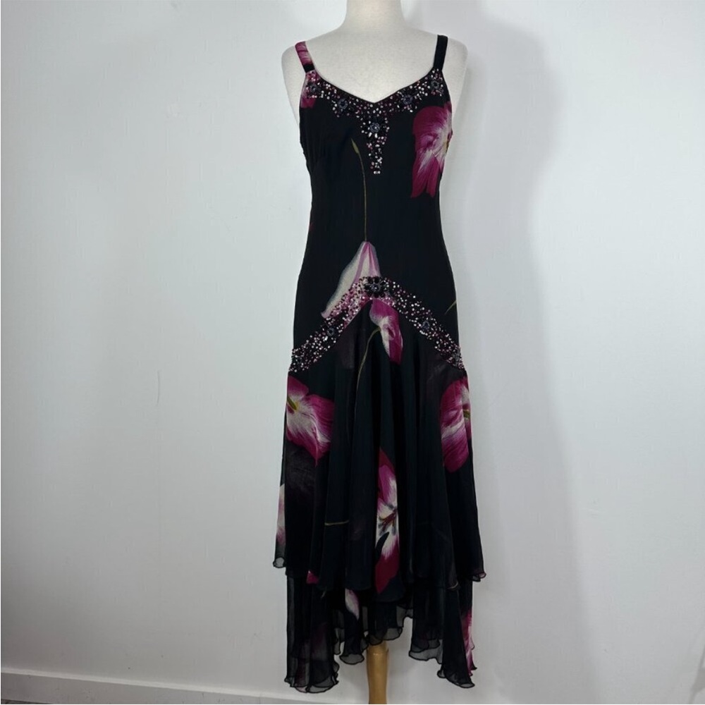 Midnight Velvet Black Maxi Dress with Pink Floral Design Size M